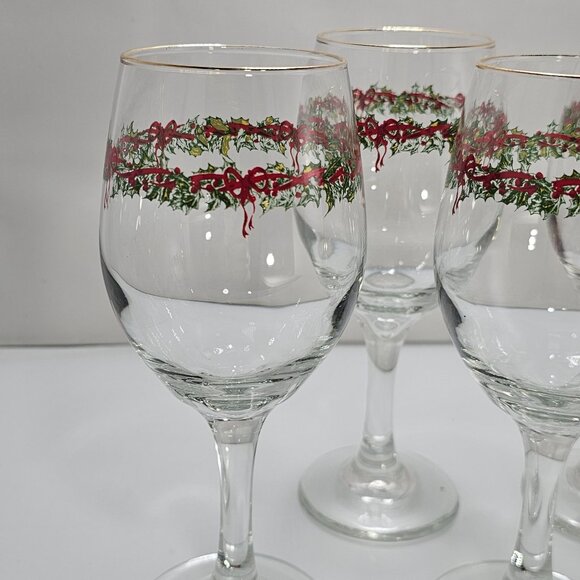 4 Libbey Ribbon Holly Goblets 7.5" water wine gold rim festive holiday Christmas - Picture 9 of 14